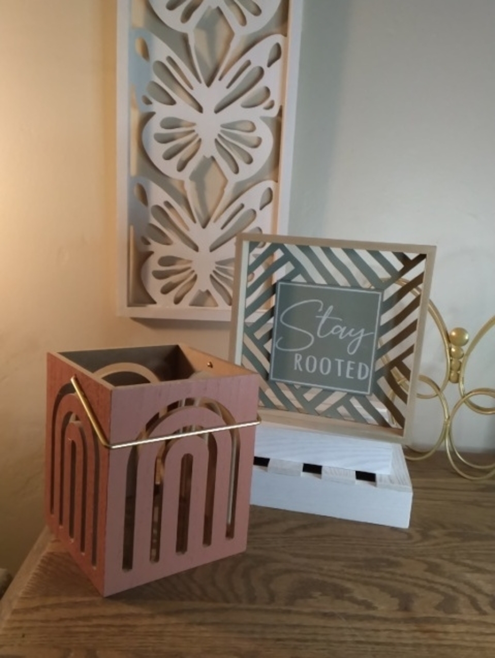 Decorative Pink Wooden Lantern/ Plant Holder with Gold Handle - Home Accents